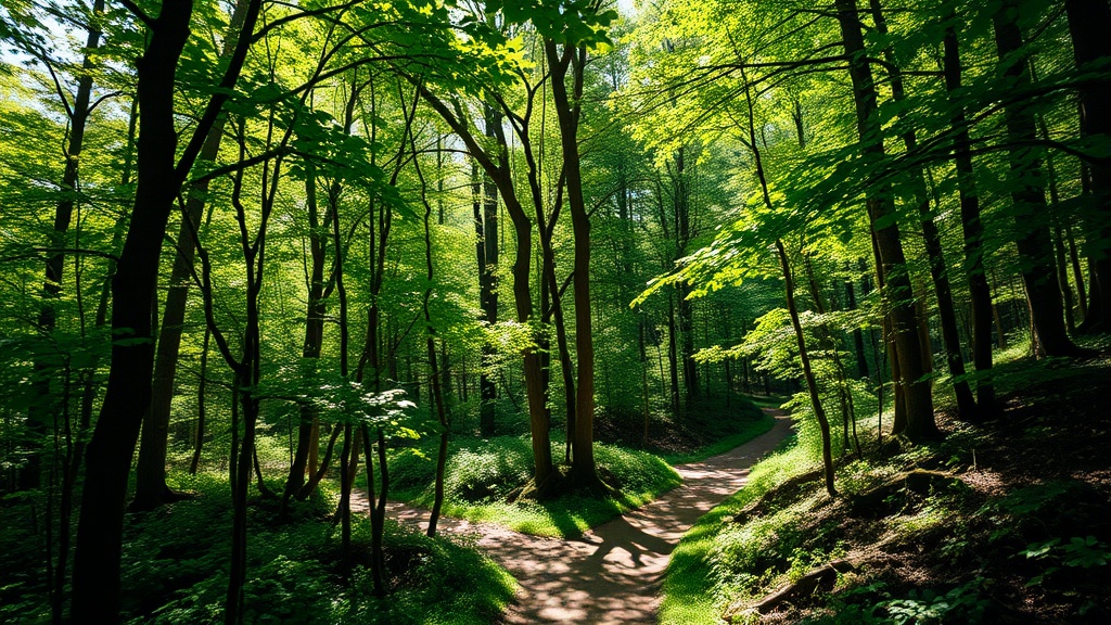 해발 500미터 이하 저지대 구간의 활엽수림과 평탄한 등산로 모습