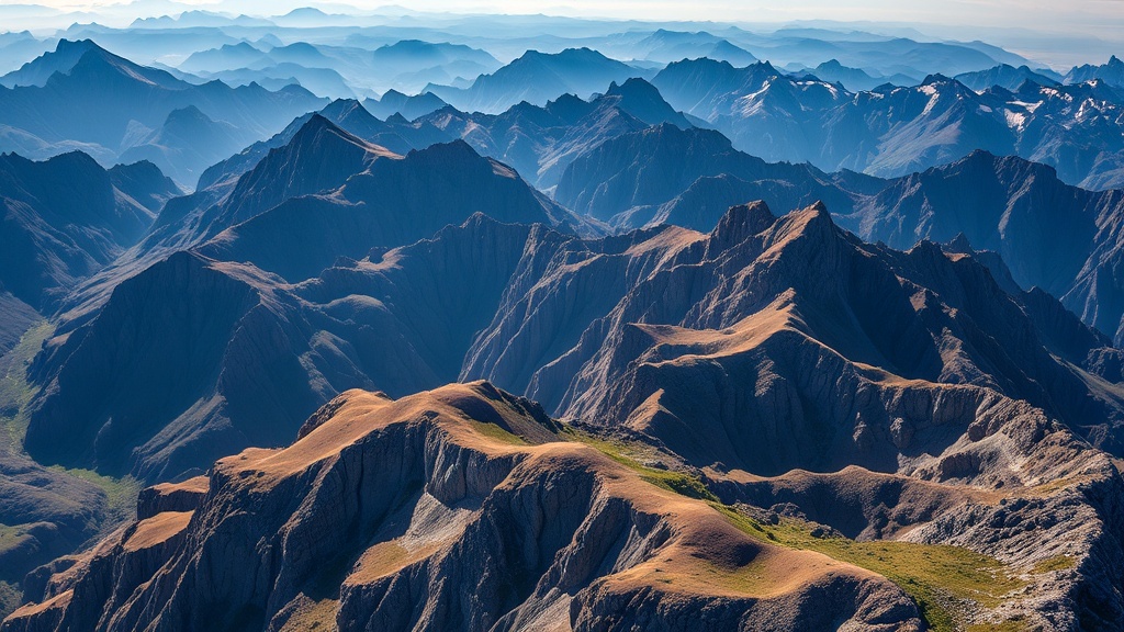 능선과 계곡이 교차하는 산악 지형의 복잡한 구조를 보여주는 전경