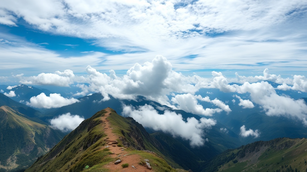 등산로 주변의 기상 조건 변화와 구름 형성 패턴을 보여주는 풍경