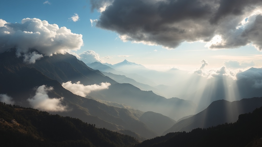 산 정상 부근에서 형성되는 구름과 기상 조건의 변화를 보여주는 풍경