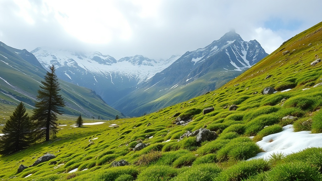 봄철 산악 지역의 새로운 식물 성장과 남아있는 눈을 보여주는 경관